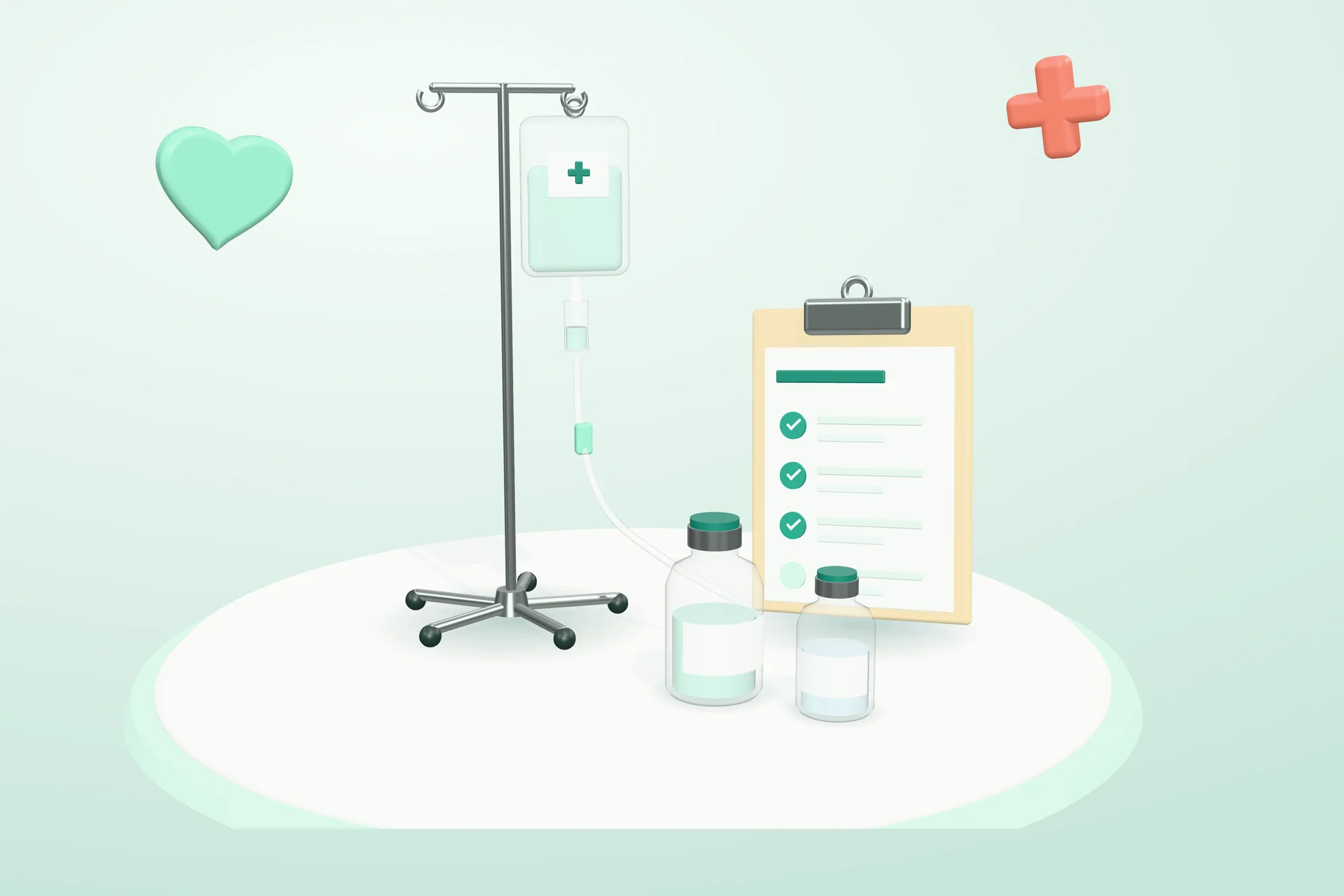 3D illüstrasyon: serum askısına asılı serum torbası ve hattı, yanında işaretli kontrol listesi bulunan pano ve iki flakon